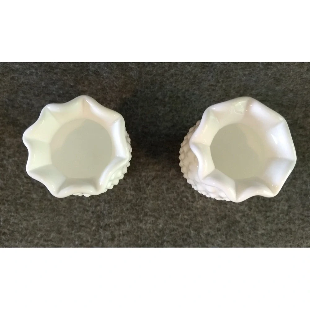 Vintage Fenton White Milk Glass Hobnail Mini Vases Set of 2 Ruffled Crimped Edge